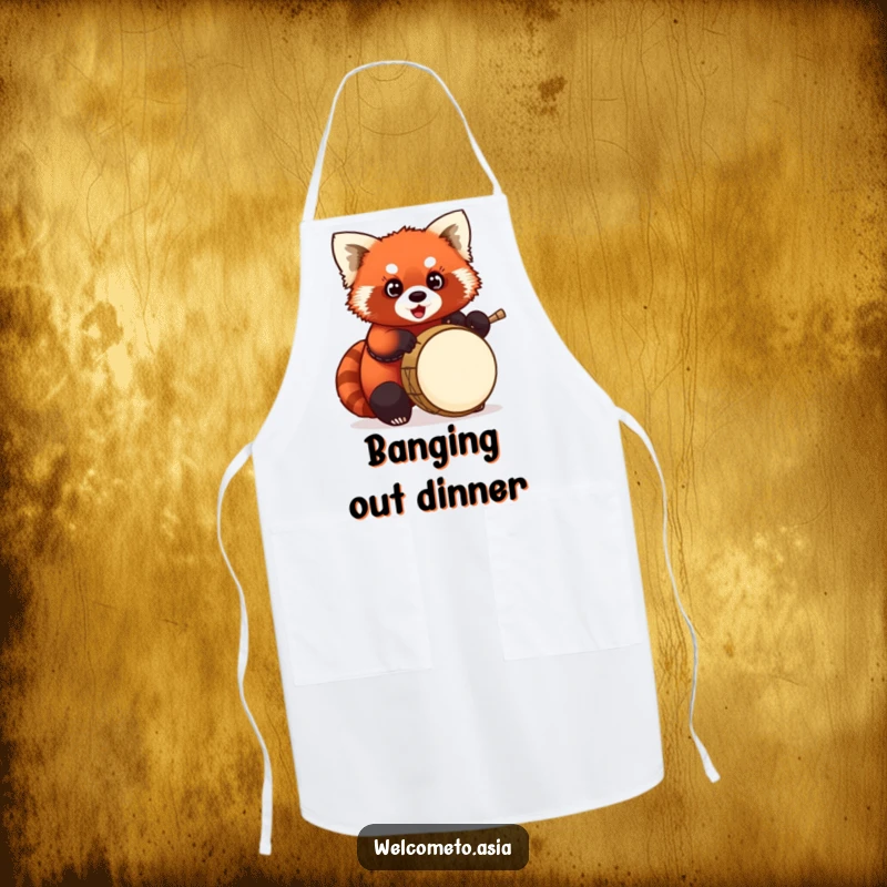 Funny Red Panda Drummer Apron: Chubby red panda with wide eyes, enthusiastically playing a tiny drum, fun kitchen protection.