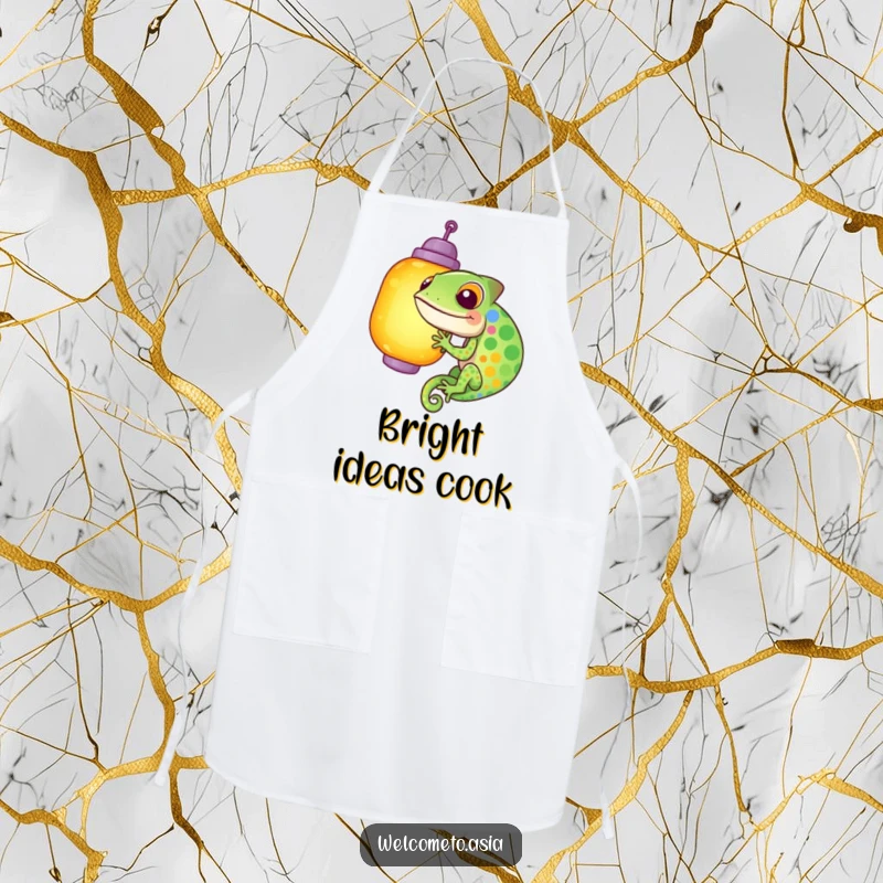 Funny apron showing a giggling, colorful chameleon attempting to blend into a bright lantern, a humorous kitchen accessory for culinary fun.