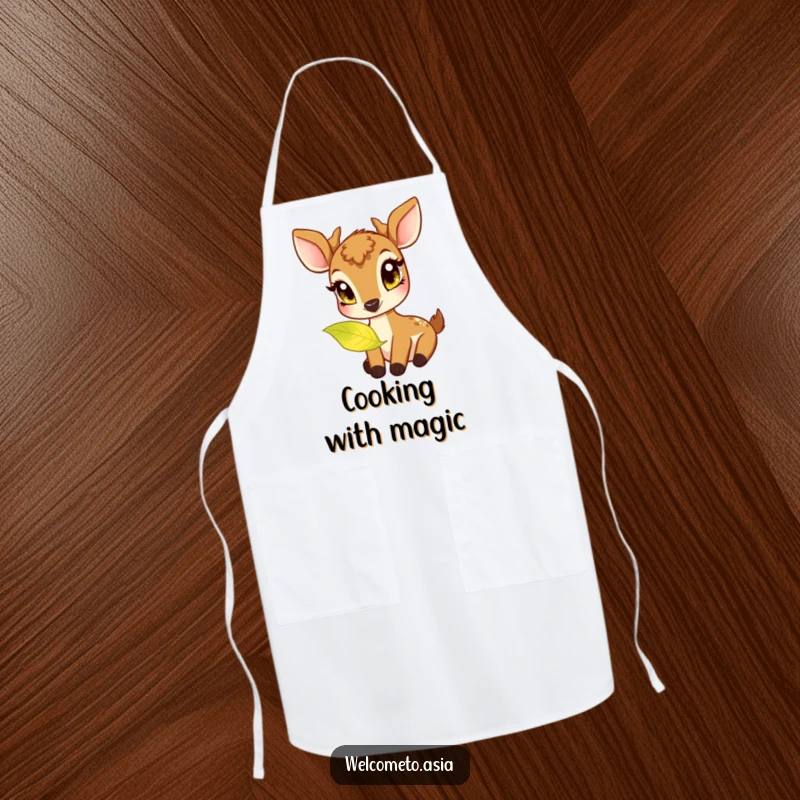 Funny apron that shows a friendly deer with curious eyes nibbling on a glowing leaf, perfect for the whimsical chef.
