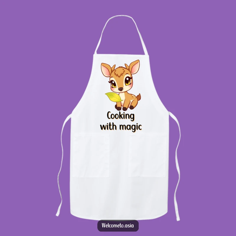 Funny Deer Apron: Curious Chef Nibbling Magical Leaf - Kitchen Magic Gift
