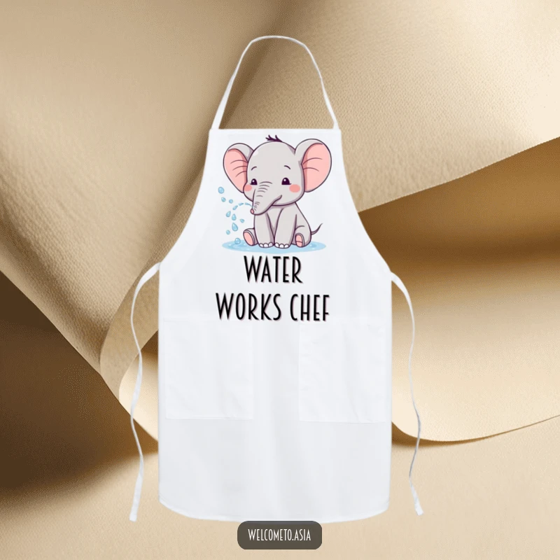 Funny apron featuring a cute elephant with tiny ears, playfully spraying water while cooking, bringing humor to the kitchen.