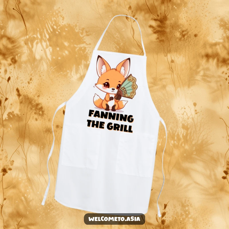 Funny Fox Fan Apron: Curious fox with big ears trying to wear an oversized ornate fan, a playful kitchen accessory.