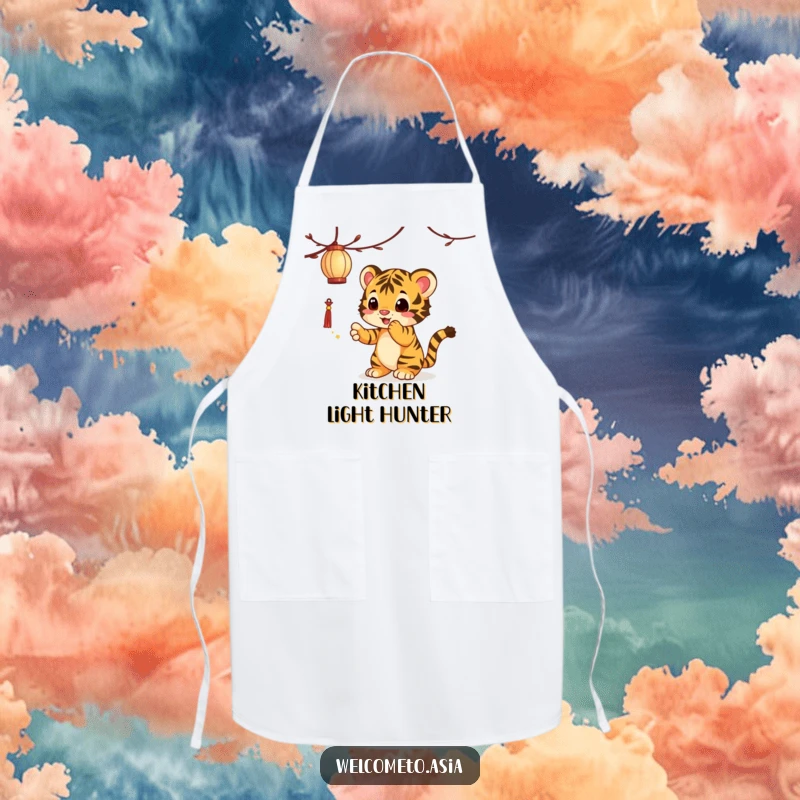 Funny Tiger Cub Apron: A curious tiger cub playfully bats at a lantern, adding a touch of humor to kitchen activities.