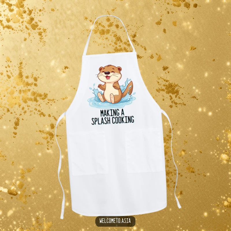Funny apron featuring an energetic otter character sliding down a water feature, ready to cook with gleeful excitement.
