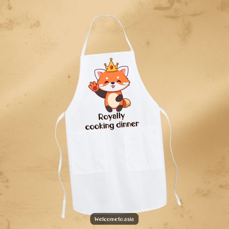 Funny Red Panda Apron showing a cute character wearing a small crown, waving enthusiastically, ready for kitchen tasks.