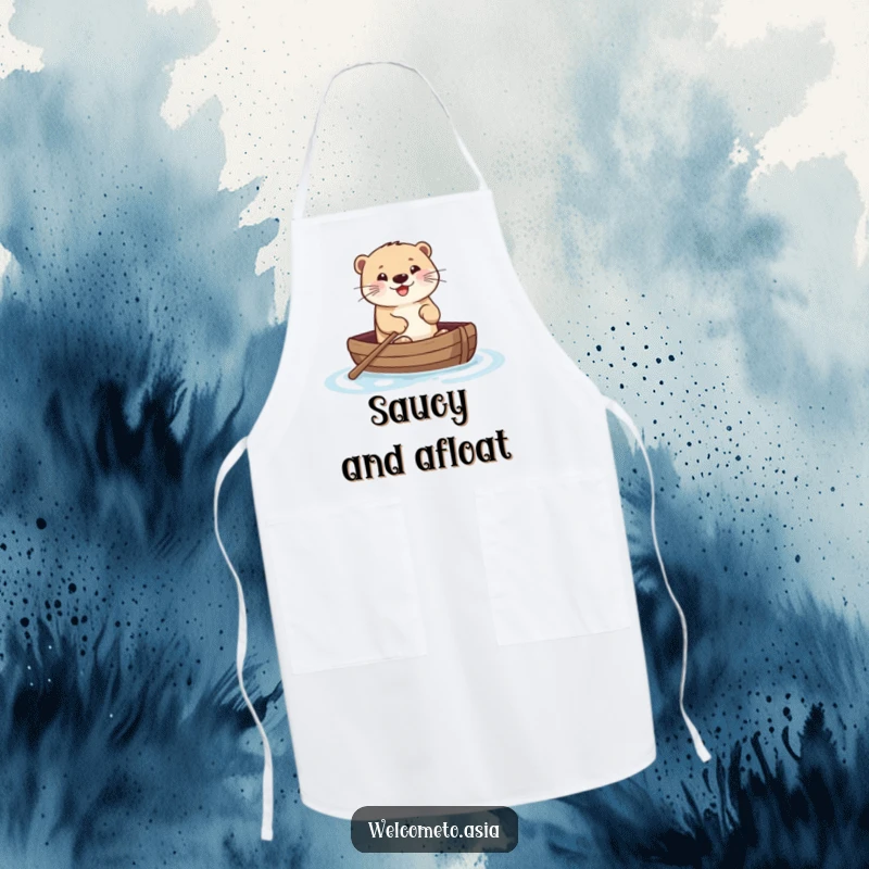 Funny apron with a smiling otter joyfully paddling a tiny boat on water, a humorous and charming addition to any kitchen.