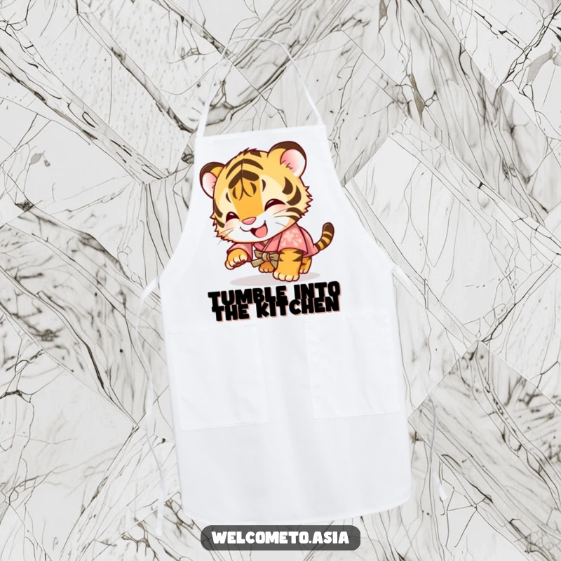 Funny apron featuring a giggling tiger cub in a small kimono, tumbling playfully while cooking, adding humor to kitchen duties.