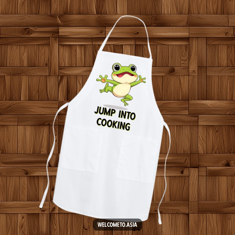 Funny Leaping Frog Apron showcasing an excited frog character mid-air, perfect for adding fun and energy to the kitchen.