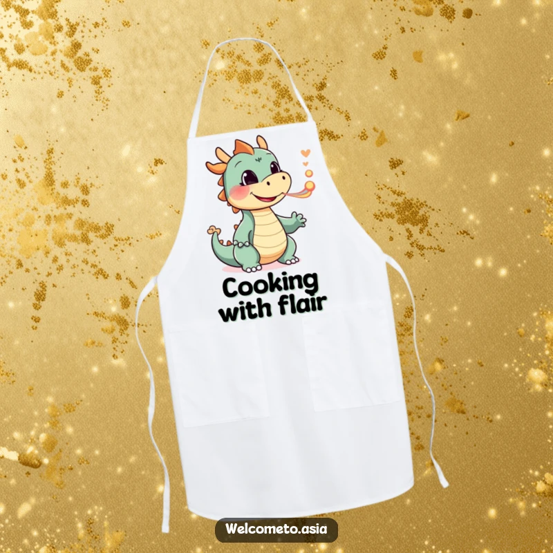 Funny Smiling Dragon Apron showcasing a happy dragon character playfully blowing a tiny puff of colorful smoke, perfect for kitchen enchantment.