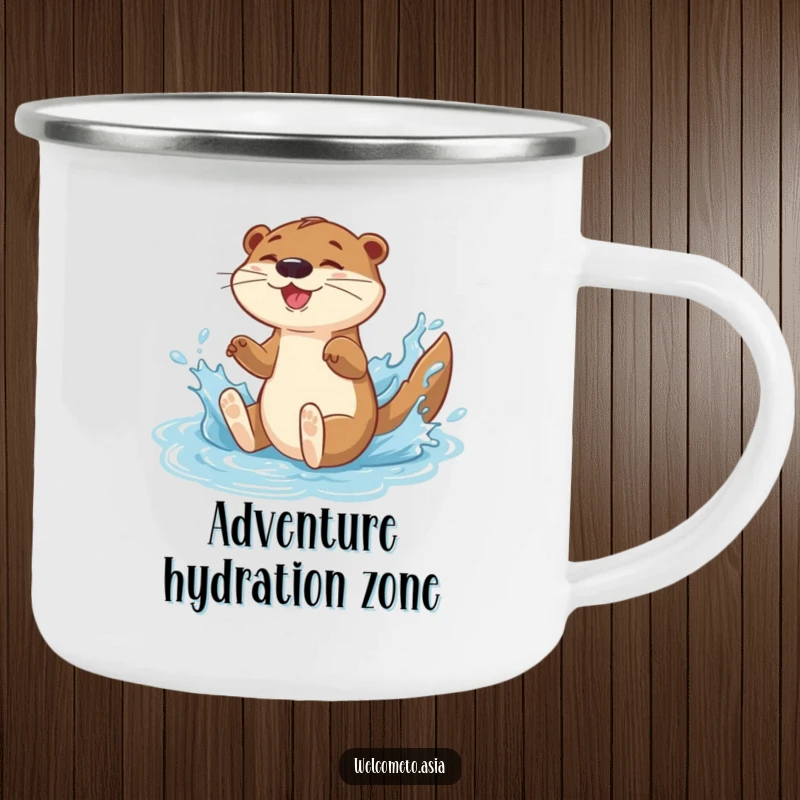 Funny camping mug with an energetic otter character gleefully sliding down a water feature, perfect for outdoor enthusiasts.