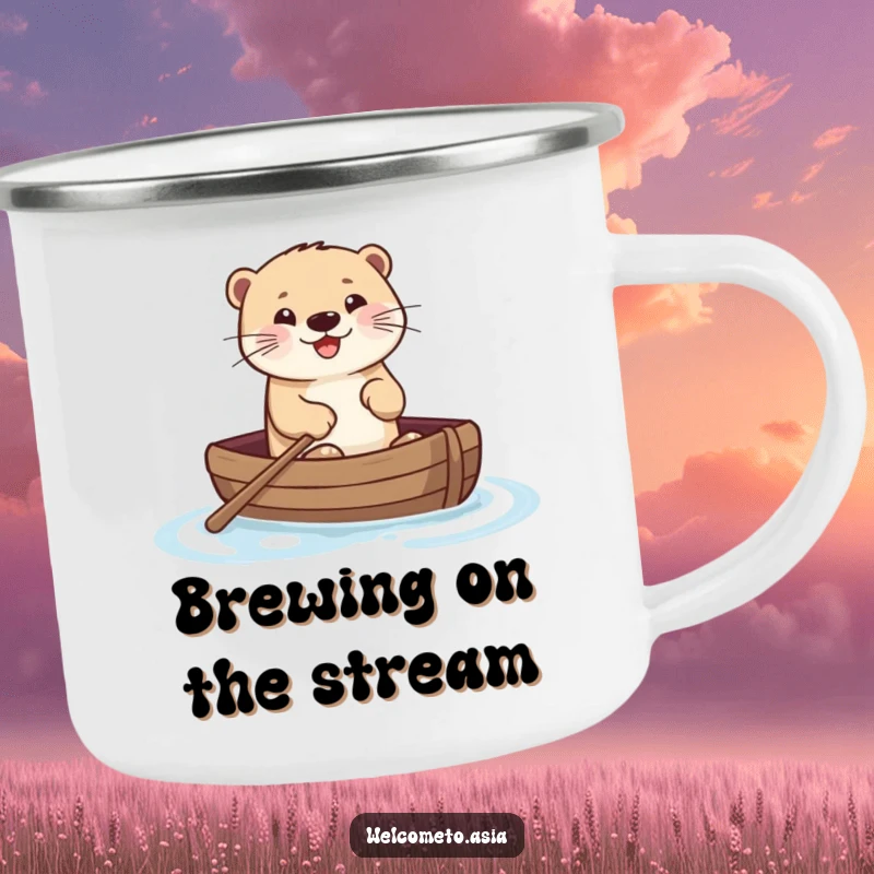 Funny camping mug illustration of a smiling otter joyfully paddling a tiny boat on water, perfect for outdoor enthusiasts who love cute designs.