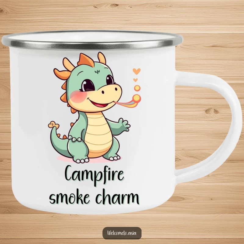 Funny Smiling Dragon Camping Mug featuring a happy dragon character playfully blowing a tiny puff of colorful smoke, durable for magic.