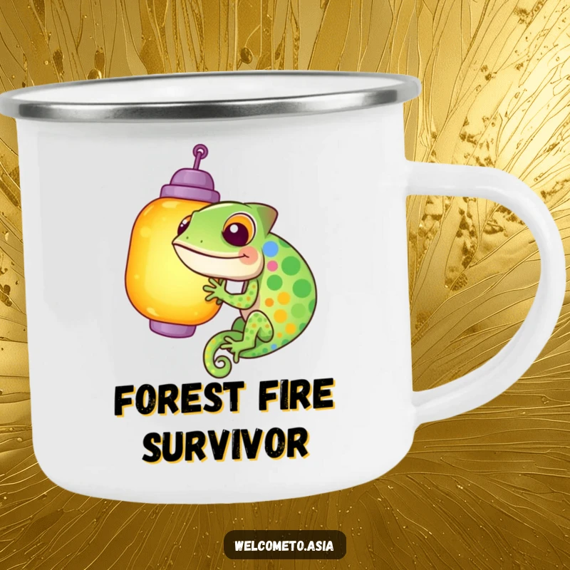 Funny camping mug showcasing a giggling, colorful chameleon hilariously trying to blend into a bright lantern, perfect for outdoor humor enthusiasts.