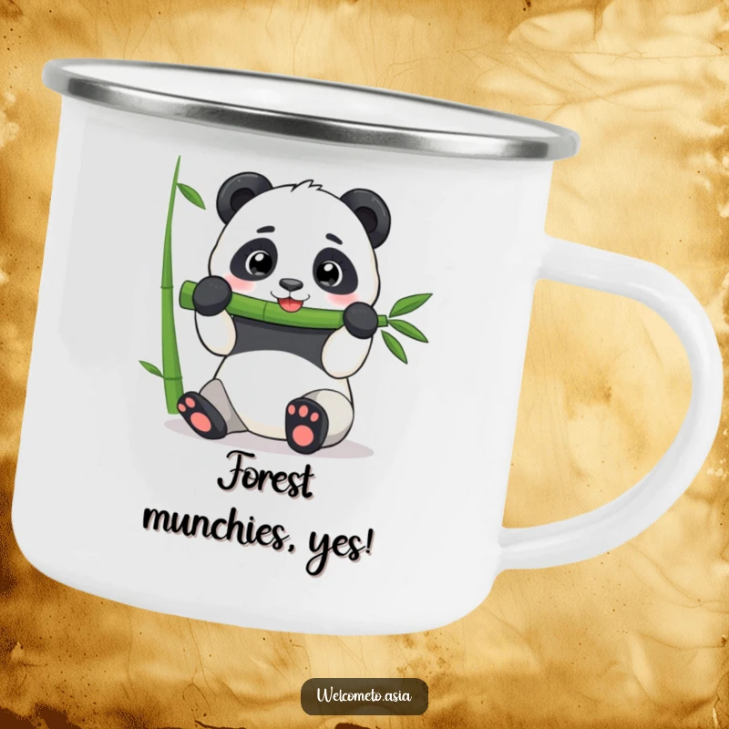 Funny Panda Camping Mug: A cheerful panda happily munches on a giant bamboo shoot, bringing humor to outdoor sips.