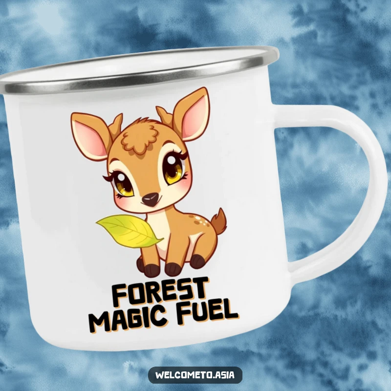 Funny camping mug featuring a friendly deer with curious eyes nibbling a glowing leaf, ideal for nature lovers.