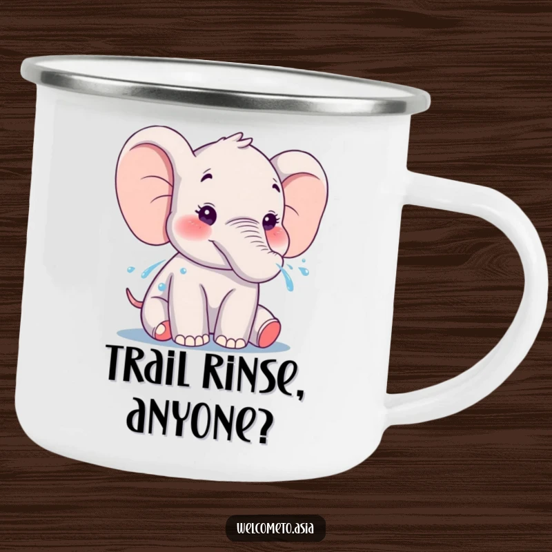 Funny Elephant Camping Mug: A smiling elephant gently sprays water from its trunk, ideal for joyful outdoor sipping.