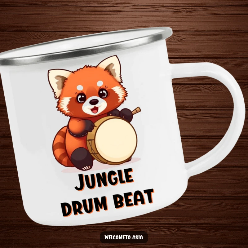 Funny Red Panda Drummer Camping Mug: Chubby red panda drummer playing a tiny drum, bringing music to the outdoors.