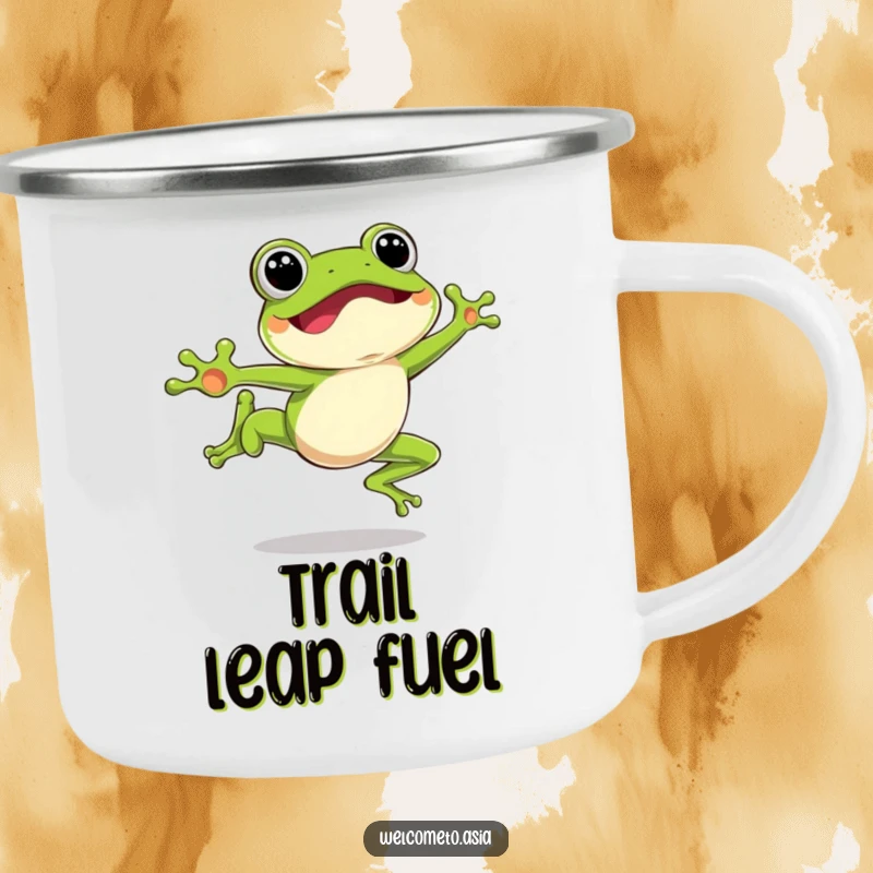 Funny Leaping Frog Camping Mug featuring an excited frog character mid-air, durable for adventures and full of spirit.