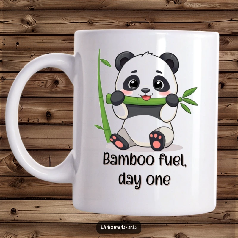 Funny Panda Mug: A cheerful panda joyfully devours a massive bamboo shoot, capturing a moment of pure, edible bliss.