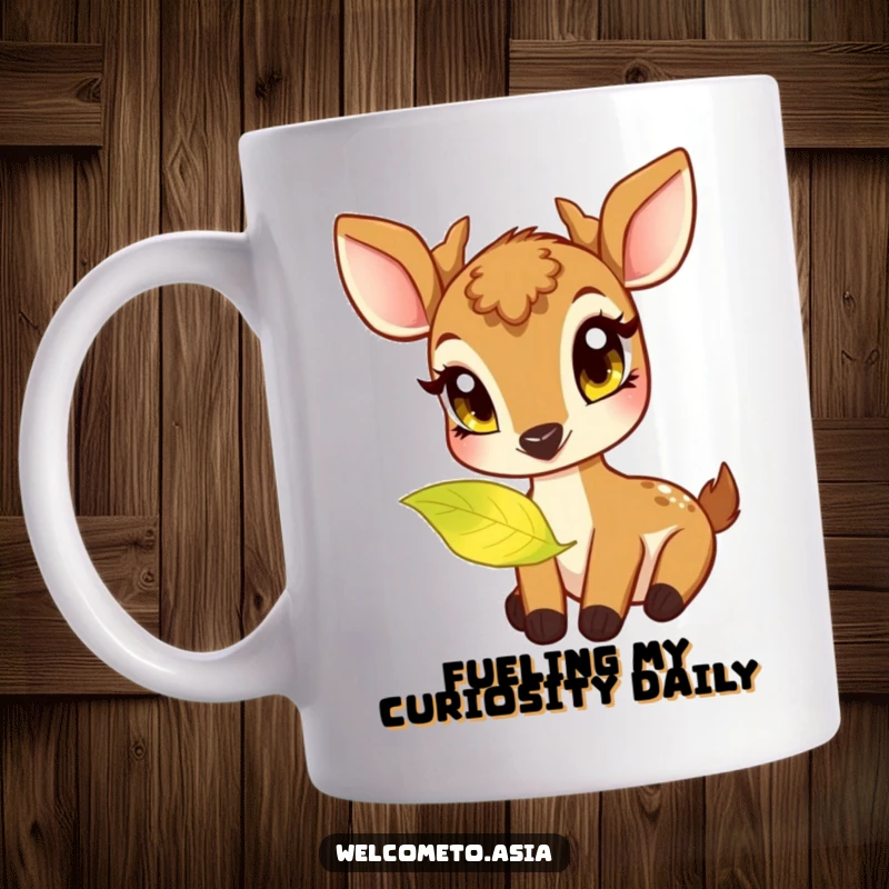 Funny mug showcasing a friendly deer with large, curious eyes gently nibbling a mysterious, glowing leaf.