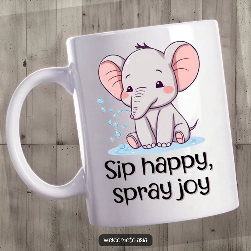 Funny mug showcasing a cute elephant with exceptionally tiny ears, playfully spraying a stream of water with a happy expression.