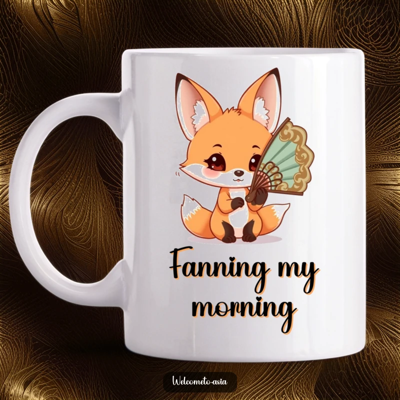 Funny Fox Fan Mug: Curious fox with big ears, trying to wear an oversized ornate fan, stylish and humorous accessory.