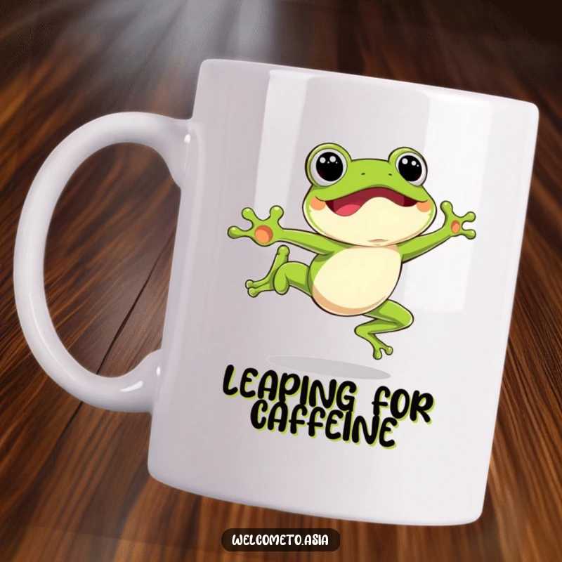 Funny Leaping Frog Mug featuring an excited frog character mid-air, captured in a moment of pure, energetic joy.