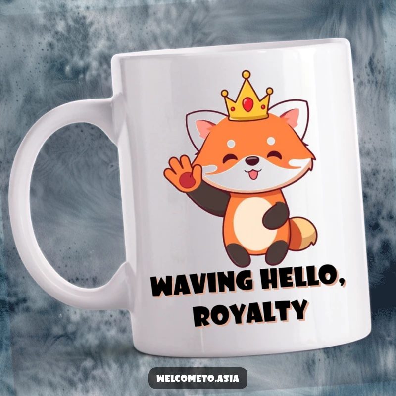 Funny Red Panda Mug featuring a cute character wearing a small crown, waving enthusiastically, a joyful monarch.