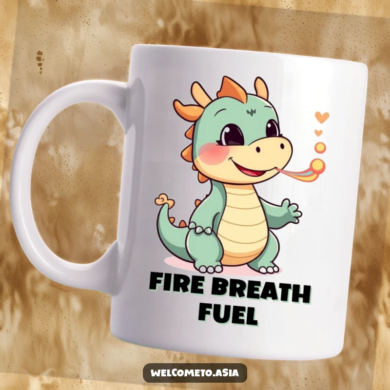 Funny Smiling Dragon Mug featuring a happy dragon character playfully blowing a tiny puff of colorful smoke, radiating gentle magic.