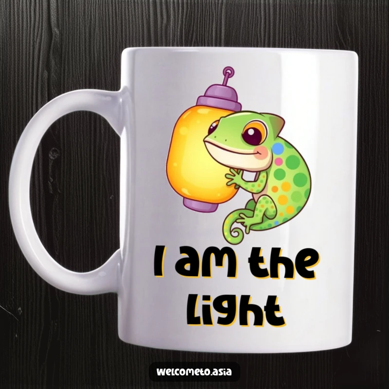 Funny mug showcasing a giggling, colorful chameleon struggling to camouflage against a vibrant lantern, conveying playful absurdity.