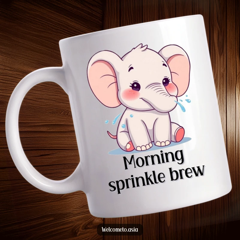 Funny Elephant Mug: A smiling elephant joyfully sprays water from its trunk, creating a refreshing and humorous scene.