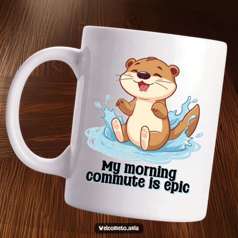 Funny mug featuring an energetic otter character gleefully sliding down a water feature with a big splash, capturing pure joy.