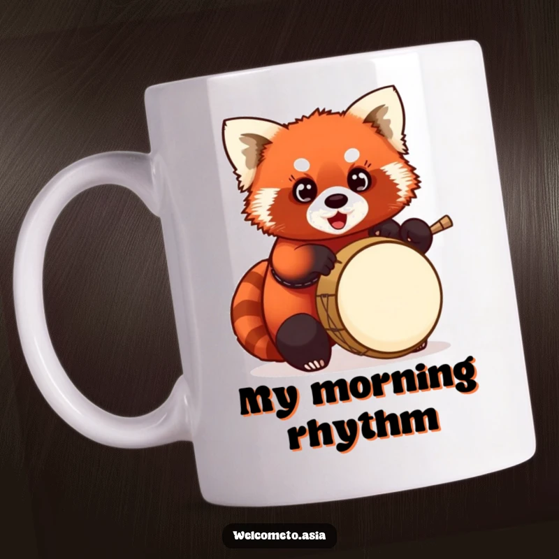 Funny Red Panda Drummer Mug: Chubby red panda with wide eyes, enthusiastically playing a tiny drum, cheerful music theme.