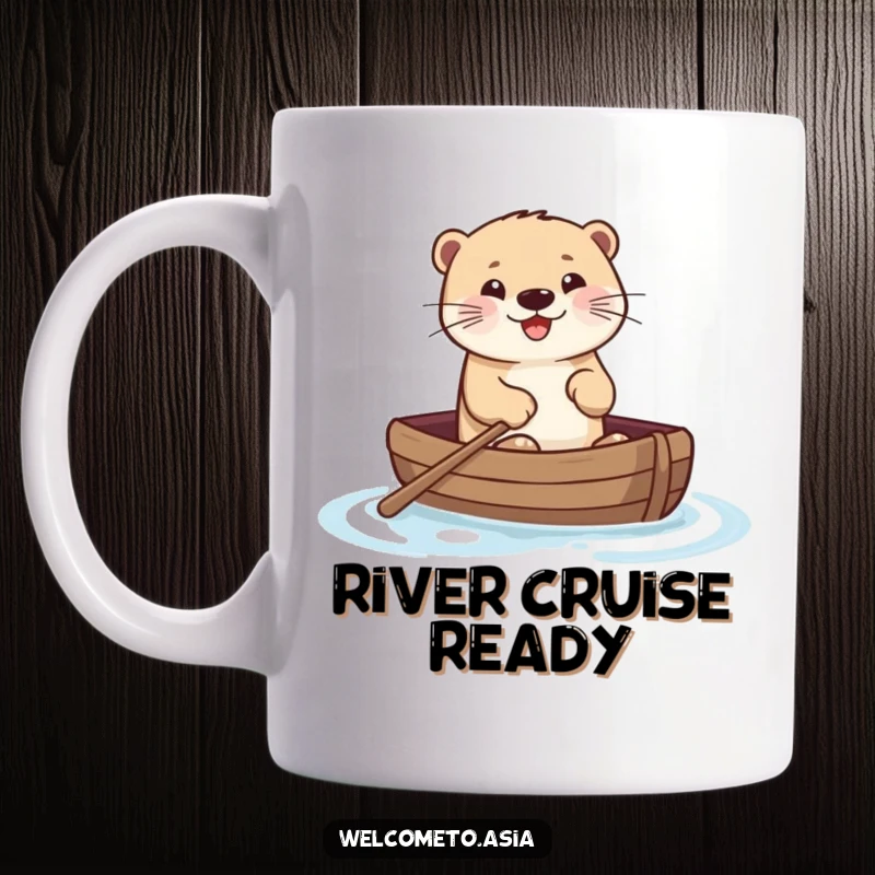 Funny mug illustration of a smiling otter happily paddling a small boat on calm water, evoking cheerful adventure and cute vibes.