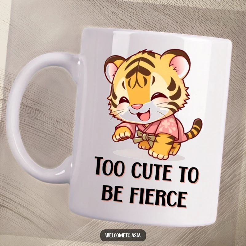 Funny mug showcasing a giggling tiger cub wearing a small kimono, playfully tumbling forward with infectious joy and laughter.