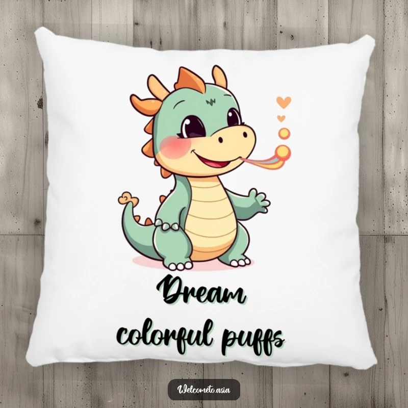 Funny Smiling Dragon Pillow featuring a happy dragon character playfully blowing a tiny puff of colorful smoke, offering cozy fantasy.