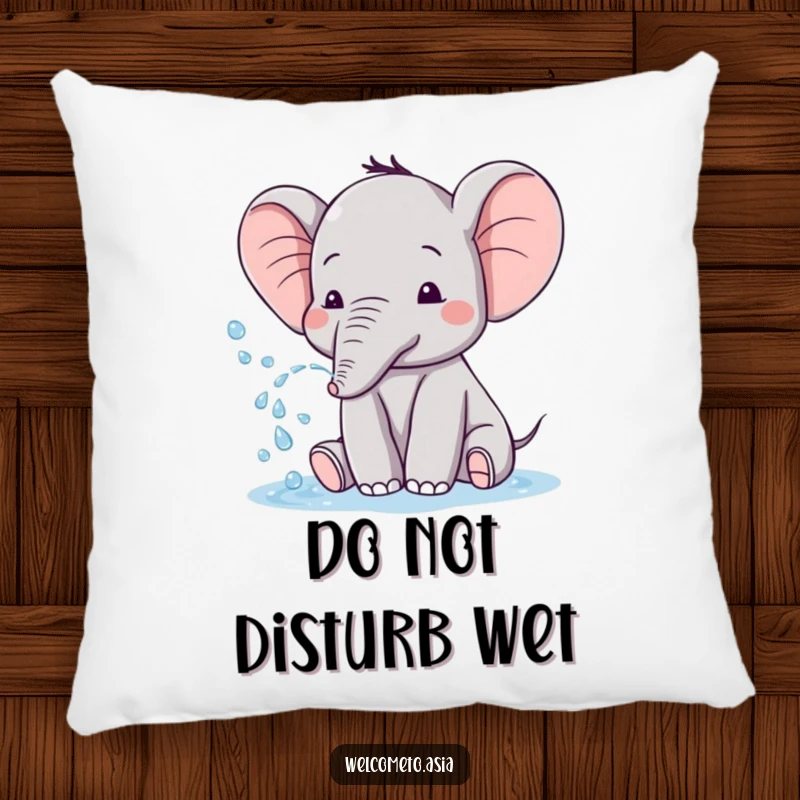 Funny pillow showcasing a cute elephant with tiny ears, playfully spraying water with a joyful and comforting presence.