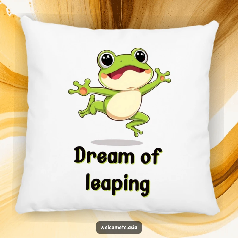 Funny Leaping Frog Pillow featuring an excited frog character mid-air, offering cuddly comfort and playful charm.