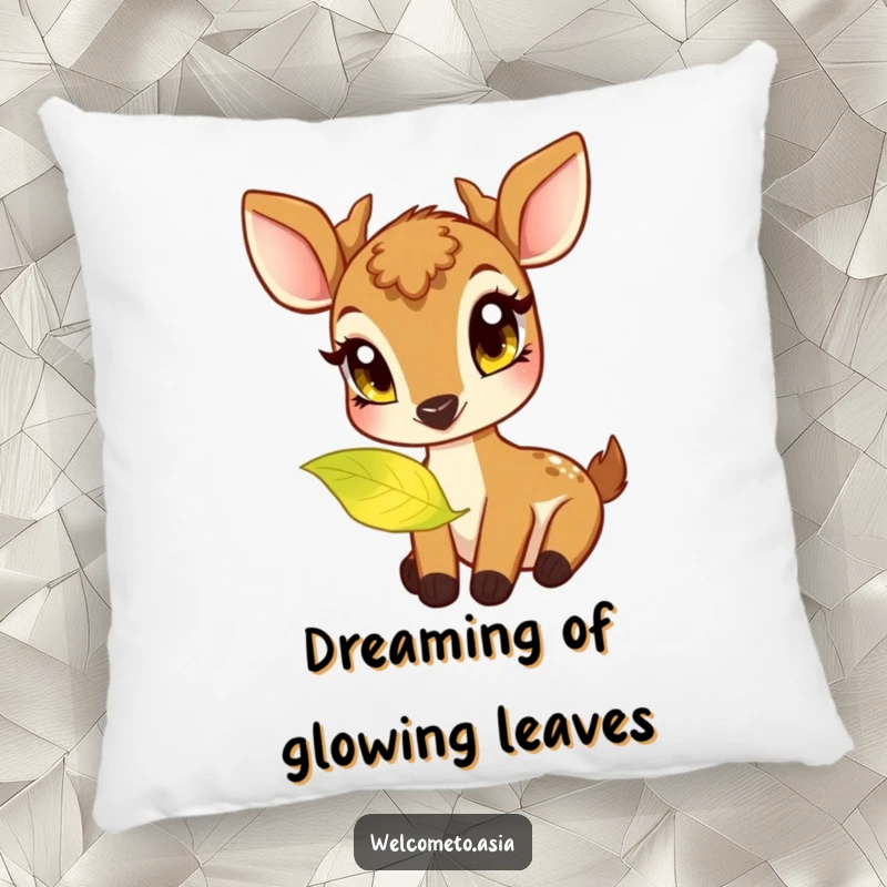 Funny pillow featuring a friendly deer with big, curious eyes, gently nibbling a softly glowing, magical leaf.