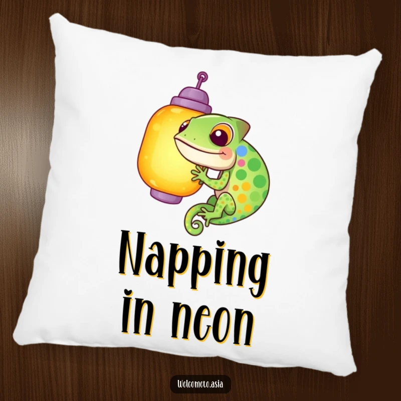 Funny pillow with a giggling, colorful chameleon hilariously attempting to camouflage against a bright lantern, adding whimsical humor to home decor.