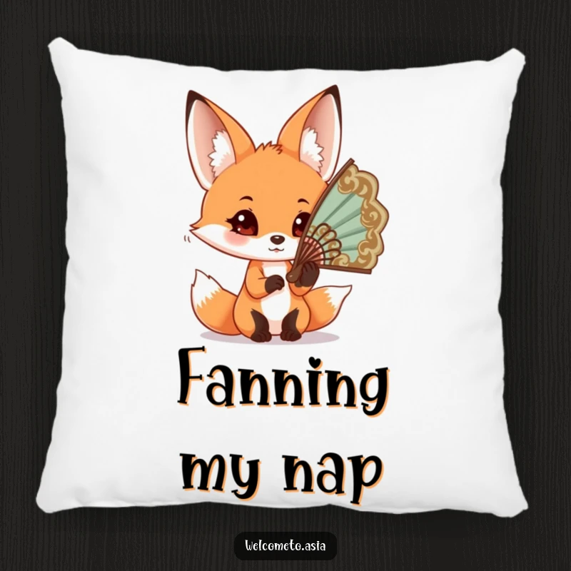 Funny Fox Fan Pillow: Curious fox with big ears trying to wear an oversized ornate fan, soft and stylish accent.
