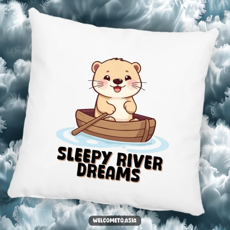 Funny pillow showcasing a smiling otter in a small boat, joyfully paddling on water, adding a cute and humorous touch to home decor.