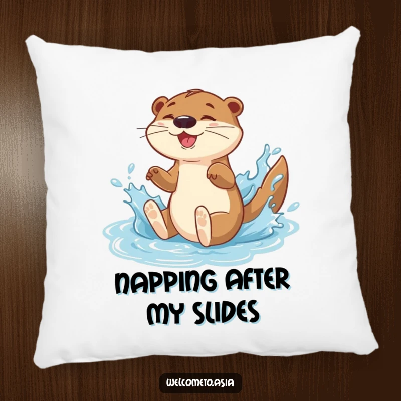Funny pillow with an energetic otter character sliding down a water feature, captured in a gleeful, splashing pose.