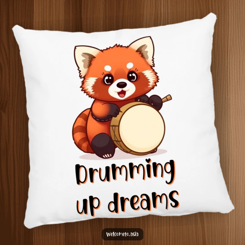 Funny Red Panda Drummer Pillow: Chubby red panda with wide eyes, enthusiastically playing a tiny drum, soft and musical decor.