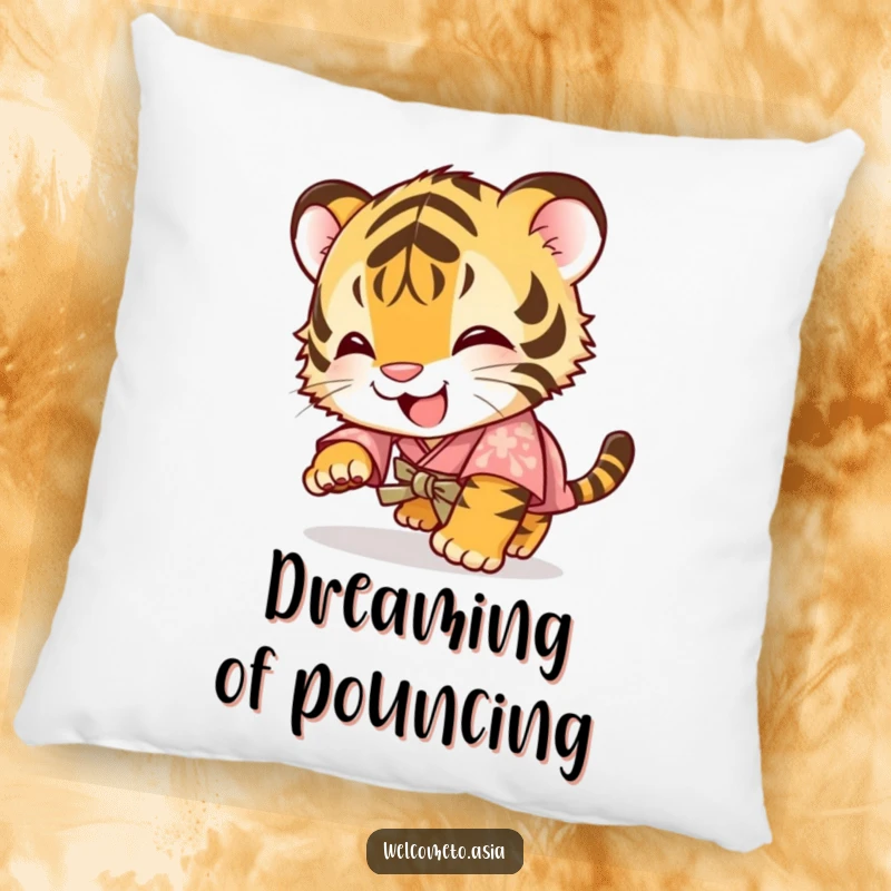 Funny pillow with a giggling tiger cub in a small kimono, captured mid-tumble with a contagiously happy and humorous expression.