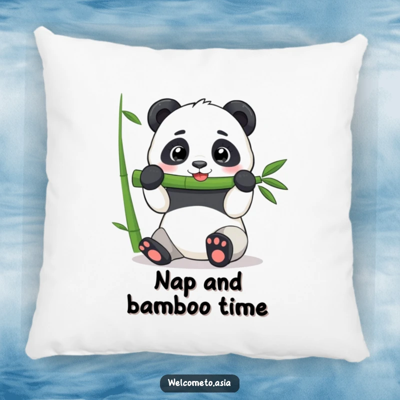 Funny Panda Pillow: A cheerful panda character is shown happily munching on a giant bamboo shoot, a cozy and amusing sight.