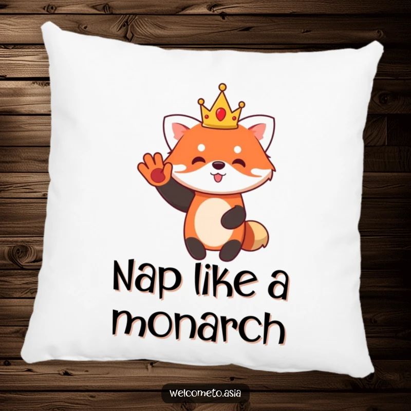 Funny Red Panda Pillow featuring a cute character wearing a small crown, waving enthusiastically, perfect for cozy charm.