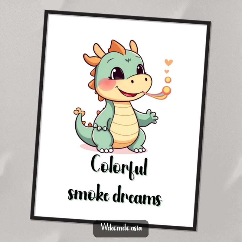 Funny Smiling Dragon Digital Art Print depicting a happy dragon character playfully blowing a tiny puff of colorful smoke, perfect for fantasy decor.