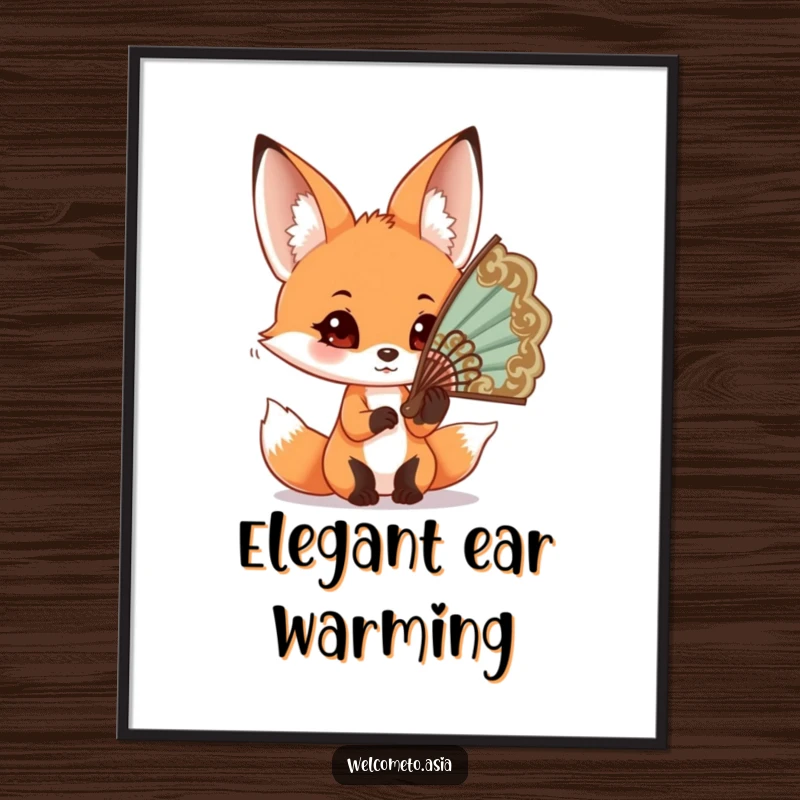 Funny Fox Fan Digital Art: Curious fox with big ears trying to wear an ornate fan, high-resolution whimsical illustration.