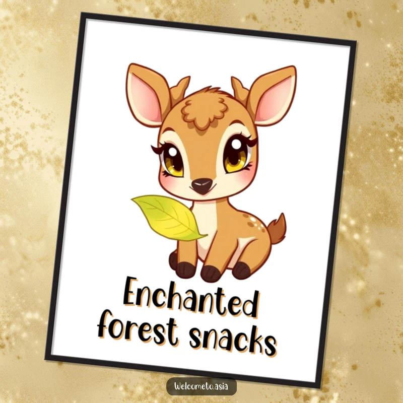 Funny digital art print of a friendly deer with large, curious eyes, gently nibbling on a softly glowing, magical leaf.